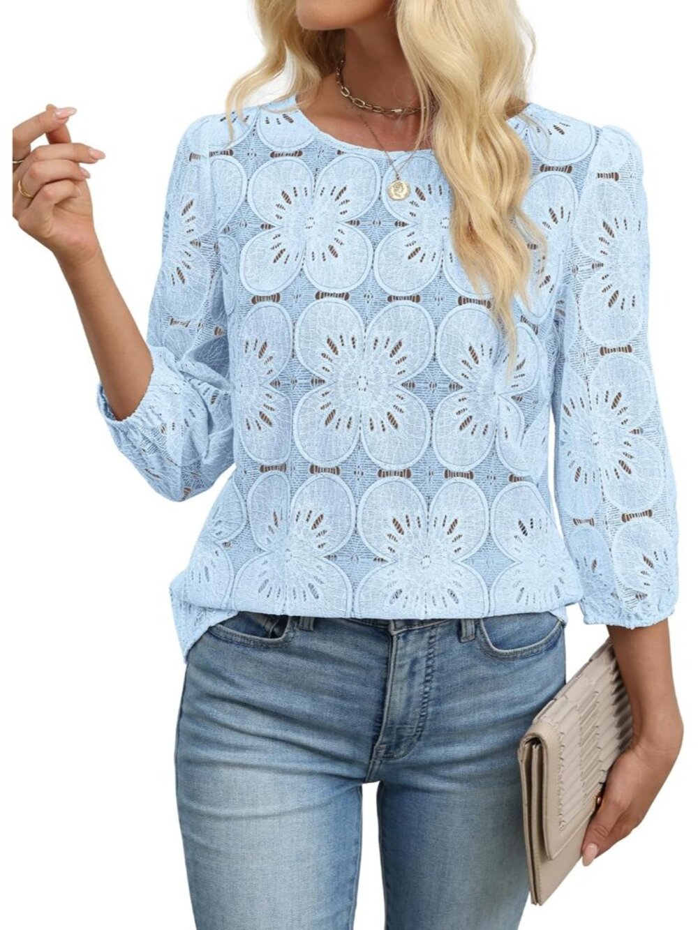 Women's Blouse Blue Dressy Casual Long Sleeve Tops Eyelet Lace Summer Shirts - Picture 4 of 5